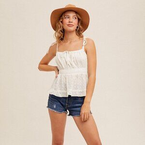 HEM & THREAD White Eyelet Ruffle Peplum Tank Top, Tie Strap Embroidered Cami